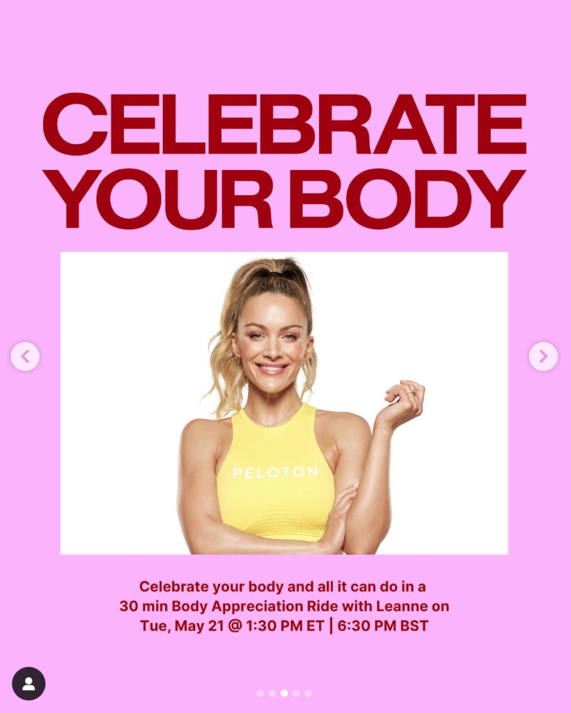 Peloton’s “This Week at Peloton” Instagram post highlighting new Body Appreciation ride with Leanne Hainsby. Image credit Peloton social media.